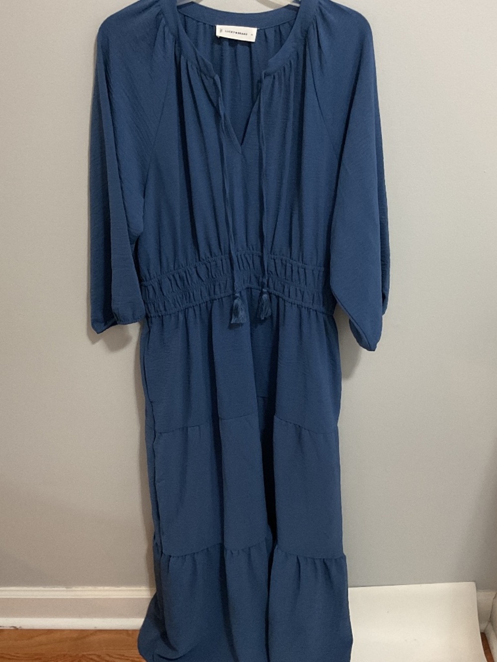 Lucky Brand 3/4 Sleeve Royal Blue Tiered V-neck Midi Dress, XL